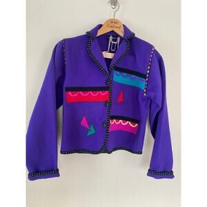 Vintage 80s Lynn Murray colorful wool blazer abstract wearable art size XS